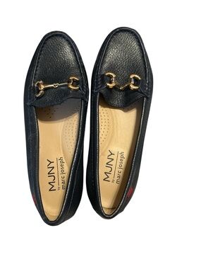 Marc Joseph Navy Blue Leather Loafers with Gold Horsebit